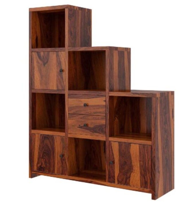Stair Step Cube Bookcase With Doors & Drawers For Living Room (Natural Finish)