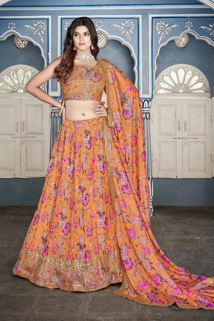 ELEGANT DETAILS OF CRUSHED CHINON LEHENGA WITH BRIGHTLY PRINTED SEQUINS WORK