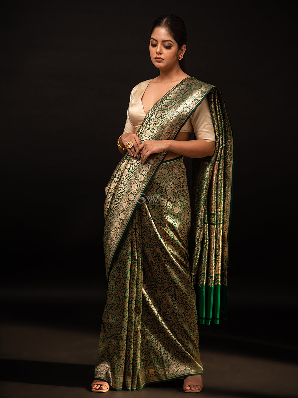 Prettiest Dark Green Banarasi Silk Saree With Assemblage Blouse Piece –  LajreeDesigner